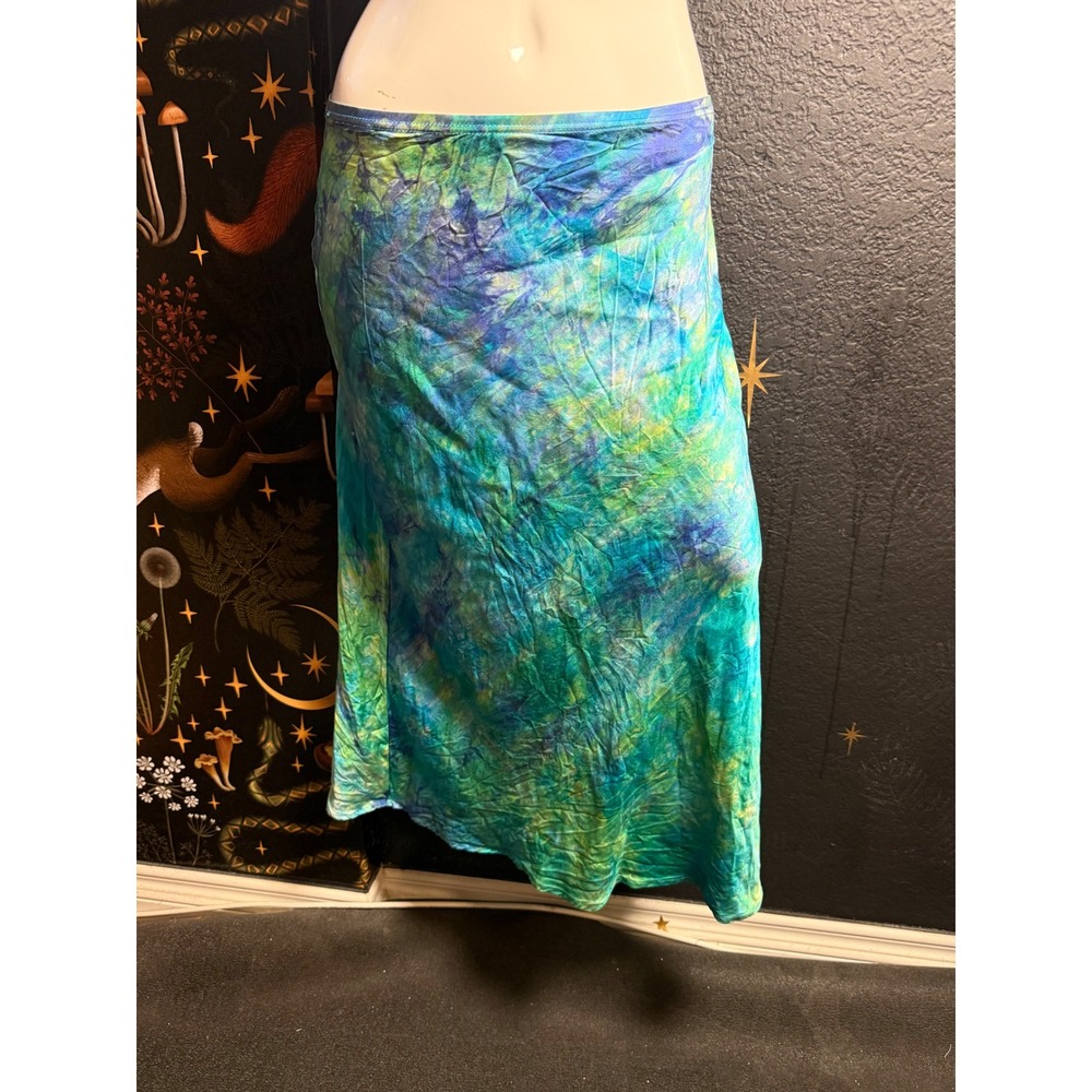 Karen Kane Lifestyle Silk Midi Skirt Blue Green Tie Dye Abstract Small flaw